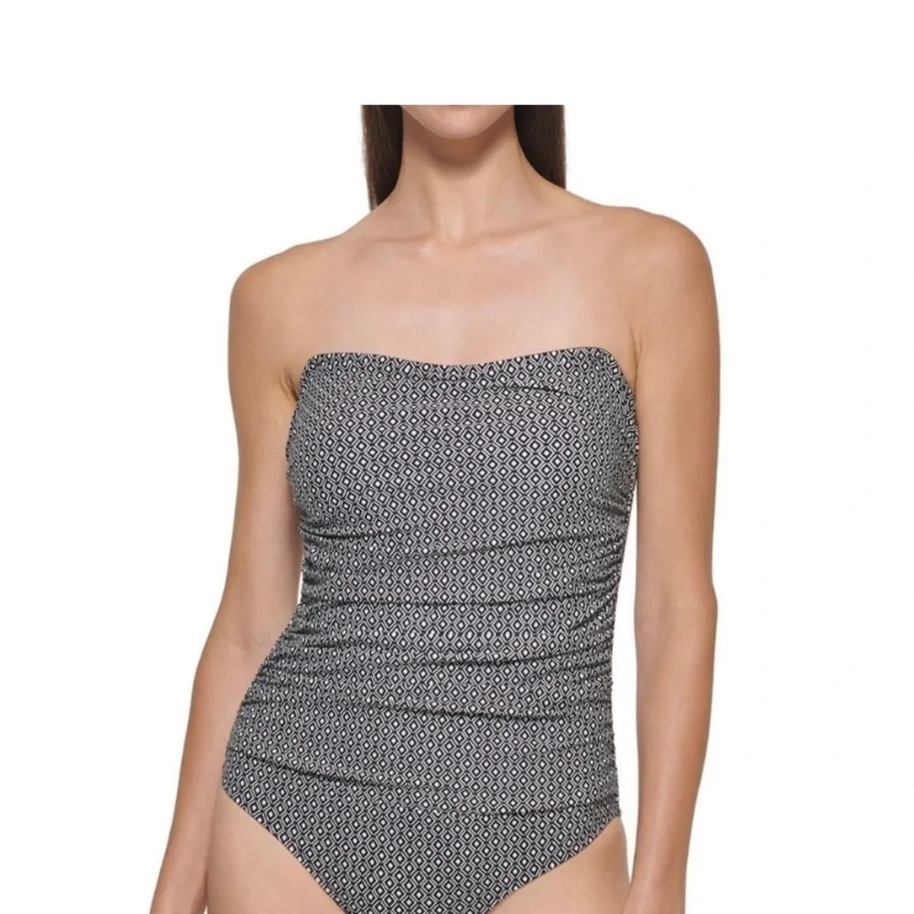 DKNY NWT Women's One Piece Swimsuit Bandeau Maillot Black White Geo Small - Picture 4 of 12